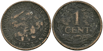 Нидерланды 1 цент 1922 Вильгельмина (1890-1948) KM 152 бронза 4576-1051