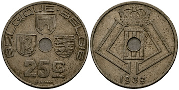 Бельгия 25 сантимов 1939 Belgique - Belgie KM 114 никель латунь 4382-341
