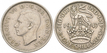 Великобритания 1 шиллинг 1947 Георг VI (1936-1952), Английский герб KM 863, Spink 4103 медно-никель 68-134