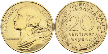 Франция 20 сантимов 1984 тип Marianne KM 930, Le Franс 156.24 медь алюминий никель    4177-124