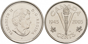 Канада 5 центов 2005 60 лет победы во Второй мировой войне KM 627 никелированная сталь UNC M32-01