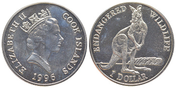 Острова Кука 1 доллар 1996 Вымирающие виды - Кенгуру KM 349 медно-никель BU 1525-745