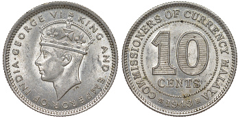 Британская Малайя 10 центов 1943 Георг VI (1937-1952) KM 4a серебро 53-254