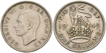 Великобритания 1 шиллинг 1949 Георг VI (1936-1952), Английский герб KM 876, Spink 4108 медно-никель    4595-917