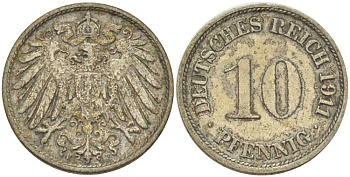 ГЕРМАНИЯ 10 ПФЕННИГОВ 1911 F KM 12, J. 13, Weege 8 медно-никель 212-152