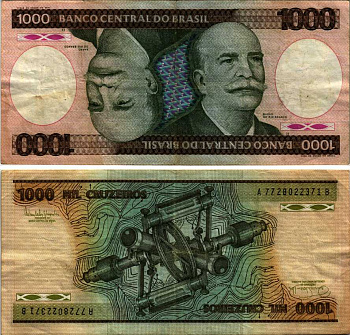 Бразилия 1000 крузейро 1985 барон Риу-Бранку, подпись 22, серия А 7728 Pick 201с бумага 445-1-1