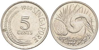 Сингапур 5 центов 1980 большая белая цапля KM 2 медно-никель 187-452