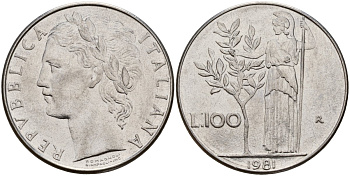 Италия 100 лир 1981 R, Афина у оливкого дерева KM 96.1 нержавеющая сталь 4149-1233