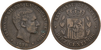 Испания 10 сентимо 1878 Альфонсо XII (1875 - 1885) KM 675 бронза 4157-135