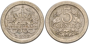 Нидерланды 5 центов 1907 Вильгельмина (1890-1948) KM 137 медно-никель 4576-765