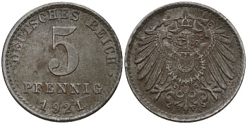 Германия 5 пфеннигов 1921 A KM 19, J. 297 железо 4151-638
