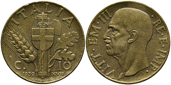 Италия 10 чентезимо 1939 R, Виктор Эммануил III (1900-1946), VII год KM 74а алюминиевая бронза 4175-321