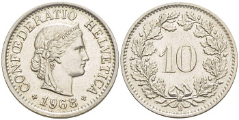 ШВЕЙЦАРИЯ 10 РАППЕНОВ 1968 В KM 27 медно-никель 4529-253