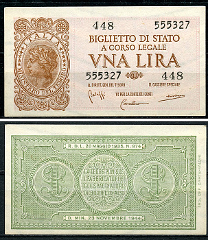 Италия 1 лира 1944 подписи Bolaffi, Cavallaro, Giovinco Pick 29 b, Grapanzano BS 8  бумага  aUNC 8614-12-2-1