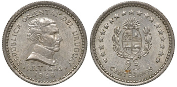 Уругвай 25 сентесимо 1960 KM 40 медно-никель 4169-937