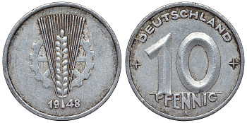 ГДР 10 пфеннигов 1948 A KM 3 алюминий 4119-445