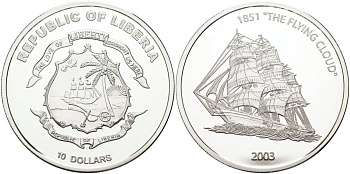 Либерия 10 долларов 2003 парусное судно "The Flying Cloud" 1851 год (летающее облако) KM 708 серебро PROOF 1095-8-61