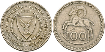Кипр 100 милсов 1963 европейский муфлон KM 42 медно-никель 4120-1216