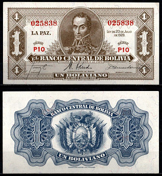 Боливия 1 боливиано 1928 (1951-1952) Pick 128 a (8) бумага 6280-14-1-2