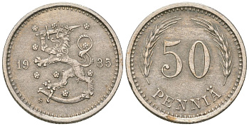 Финляндия 50 пенни 1935 S, редкий год, тираж 610.000 KM 26 медно-никель 4174-1044