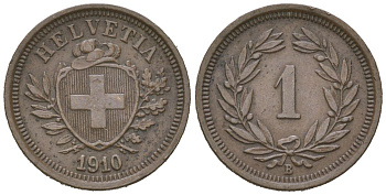 Швейцария 1 раппен 1910 B KM 3 бронза 4532-242