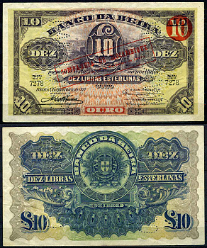 Мозамбик, Португальский 10 либра эстерлино 1929 красная надпечатка на банкноте 1 февраля 1921, временный выпуск, Мозамбикская компания, OURO, перфорация CANCELADO Pick R22  бумага 10-2-25-1