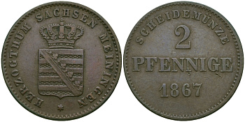 Саксен-Мейнинген 2 пфеннига 1867 Георг II (1866-1914) KM 174 медь 99-654