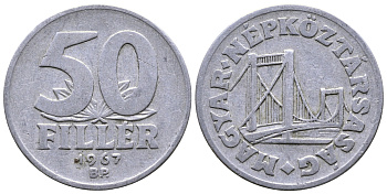 Венгрия 50 филлеров 1967 BP мост Елизаветы в Будапеште KM 574 алюминий 25-2243