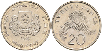 Сингапур 20 центов 1990  KM 52 медно-никель 4116-357