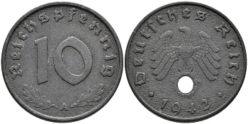 ГЕРМАНИЯ 10 РЕЙХСПФЕННИГОВ 1942 A KM 101, J.371 цинк 95-814