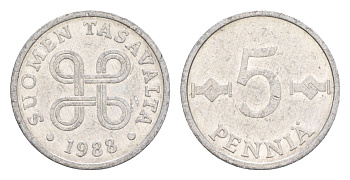 Финляндия 5 пенни 1988 KM 45a алюминий 4647-322