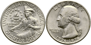 США 25 центов = квотер 1976 200 лет независимости (1776-1976), Вашингтон, барабанщик KM 204 медь плакированная медно-никелем 4388-322