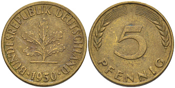 ФРГ 5 пфеннигов 1950 J KM 107, J. 382 сталь плакированная латунью 55-1255