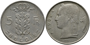 БЕЛЬГИЯ 5 ФРАНКОВ 1966 BELGIE KM 135.1 медно-никель 98-545