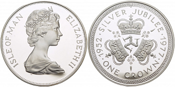 Остров Мэн 1 крона 1977 Серебряный юбилей правления королевы Елизаветы II, три короны КМ 41a серебро PROOF 1081-4-52