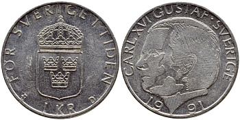 Швеция 1 крона 1991 Карл XVI Густав (1973- ) KM 852a медно-никель 4384-132
