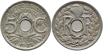 ФРАНЦИЯ 5 САНТИМОВ 1923 tb, ТИП ЛИНДАЙЁ, МОНЕТНЫЙ ДВОР ПУАССИ, МОЛНИЯ KM 875, LE FRANC 122.7 медно-никель 08-1461