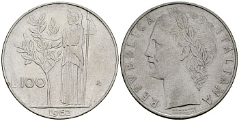 Италия 100 лир 1962 R, Афина у оливкого дерева KM 96.1 нержавеющая сталь 4137-224