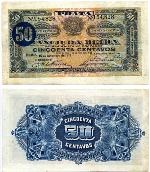 Мозамбик, Португальский 50 сентаво 1919 15 сентября 1919, БАНК BEIRA Pick R4a бумага XF+ 7457-31-1-2