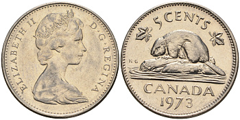 Канада 5 центов 1973 бобр, Елизавета II (1952-) KM 60.1 никель    4148-1226