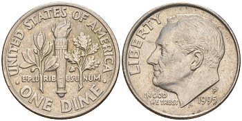 США 10 ЦЕНТОВ = 1 ДАЙМ 1995 P, РУЗВЕЛЬТ KM 195a медь плакированная медно-никелем 187-1114