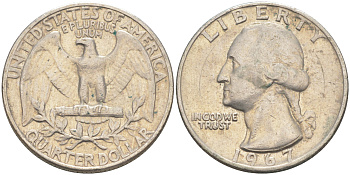США 25 центов (квотер) 1967 Вашингтон KM 164a медь плакированная медно-никелем 4525-421