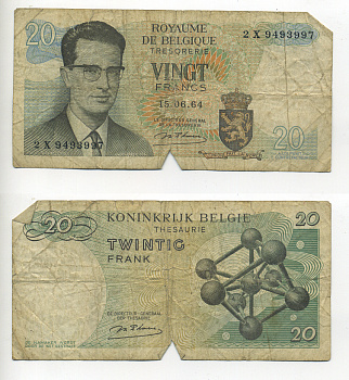 Бельгия 20 франков 1964 Бодуэн I, атомиум, d Haeze Pick 138 (1) бумага 6280-24-3-2