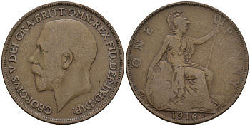 Великобритания 1 пенни 1916 Георг V (1910-1936) КМ 810, Spink 4051 бронза 4607-1214