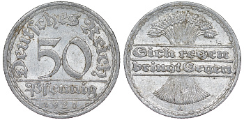 Германия 50 пфеннигов 1920 A KM 27, J. 301 алюминий 4163-235
