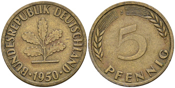 ФРГ 5 пфеннигов 1950 J KM 107, J. 382 сталь плакированная латунью 4585-811