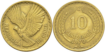 Чили 10 сентесимо 1970 большая дата KM 191 алюминиевая бронза 4519-546