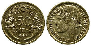 Французская Западная Африка 50 сантимов 1944 редкая KM 1, Lec 1 алюминиевая бронза aUNC 4381-944