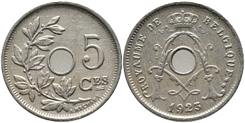 БЕЛЬГИЯ 5 САНТИМОВ 1923 BELGIQUE KM 66 медно-никель 76-541