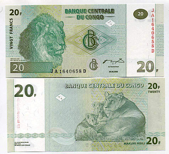ДР Конго 20 франков 2003 львы Pick 94 a бумага UNC (пресс) 448-69-2